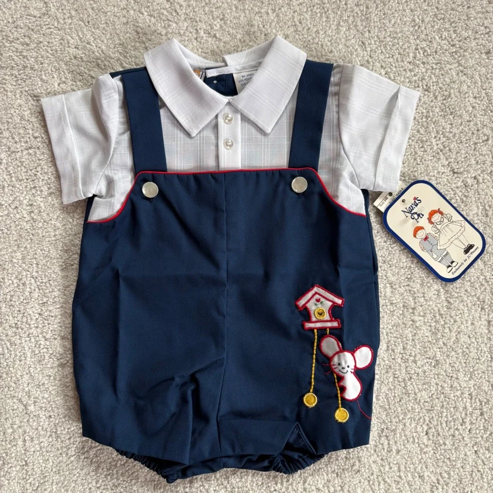 Nana's Pet Romper Baby Boy Size 0 Navy Blue White VTG NWT Mouse Cuckoo Clock 80s